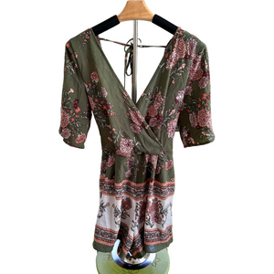 Blue Rain Boho Olive Green Size Medium Romper Shorts Floral V-Neck Mini